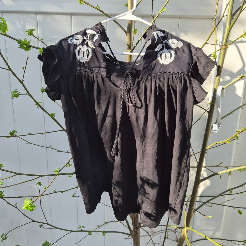 Knox Rose Black‎ Embroidered Boho Peasant Blouse Ruffle Sleeve Tassel Tie Medium